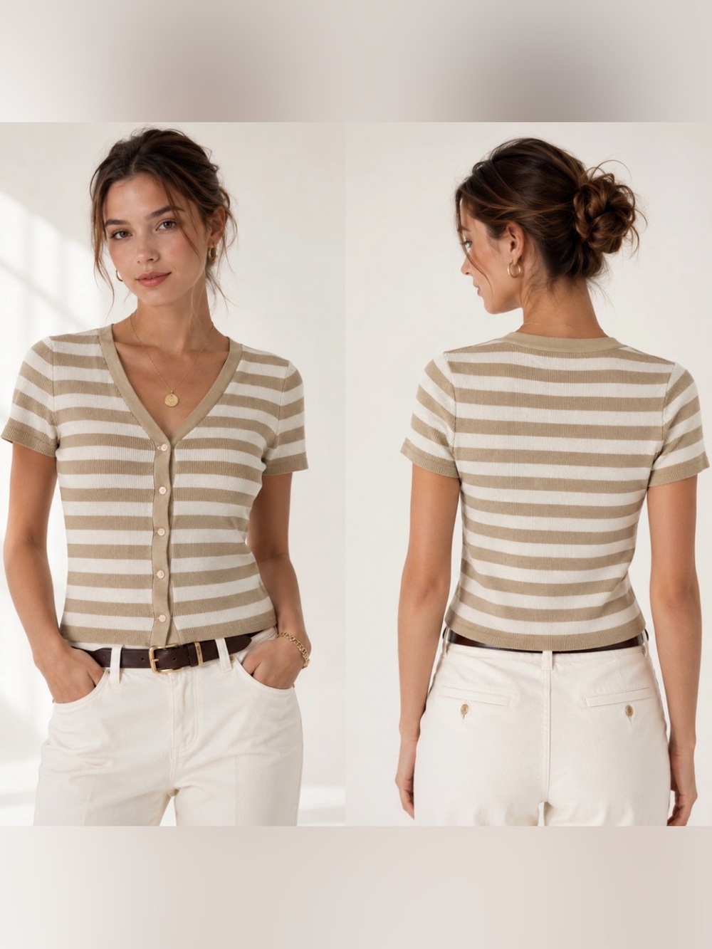 Levi's Woman Beige and White Preppy Classic Striped Knit Cardigan Blouse Size XL